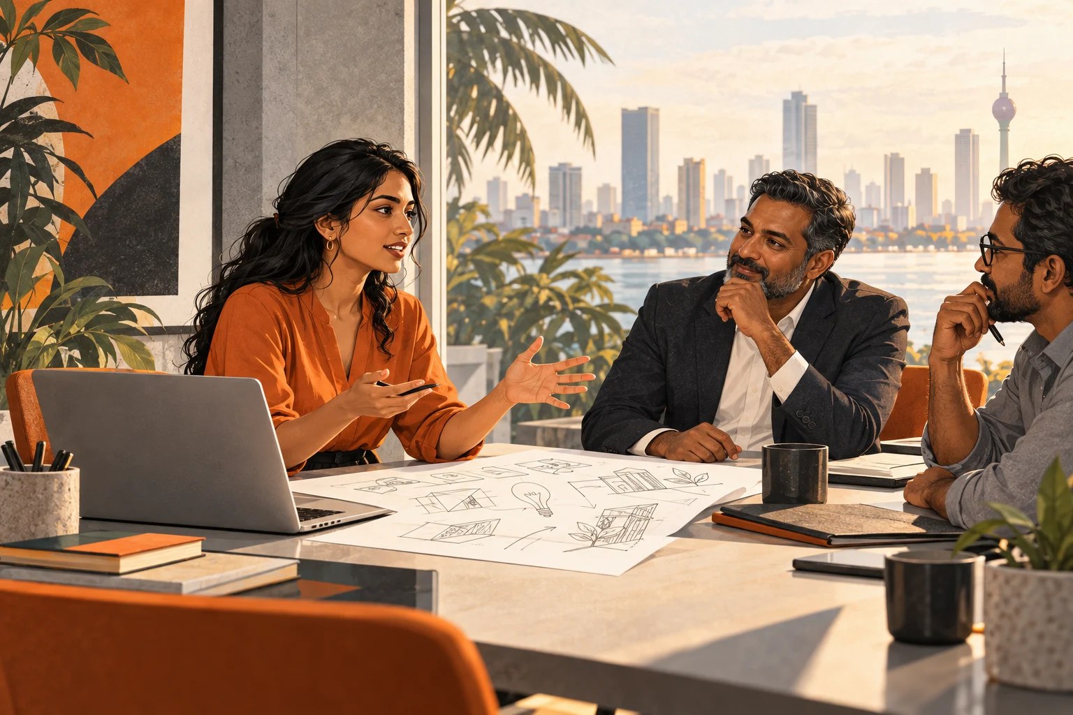 Illustration of entrepreneurs discussing a business idea with the Colombo skyline and Lotus Tower in the background